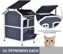 PawHut Kattenhuis Voor Buiten Kattenhut Met 2 Verdiepingen Kattenvilla, Asfaltdak, Massief Hout Grijs D30-236 -Huisdierenserie Winkel 1200x1026 4