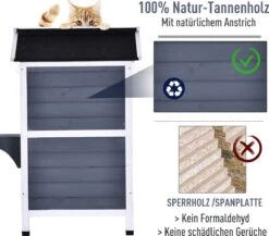 PawHut Kattenhuis Voor Buiten Kattenhut Met 2 Verdiepingen Kattenvilla, Asfaltdak, Massief Hout Grijs D30-236 -Huisdierenserie Winkel 1200x1054 1