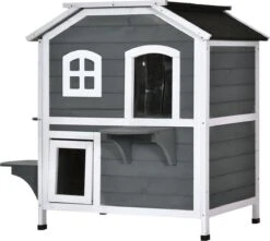 PawHut Kattenhuis Voor Buiten Kattenhut Met 2 Verdiepingen Kattenvilla, Asfaltdak, Massief Hout Grijs D30-236 -Huisdierenserie Winkel 1200x1074 2
