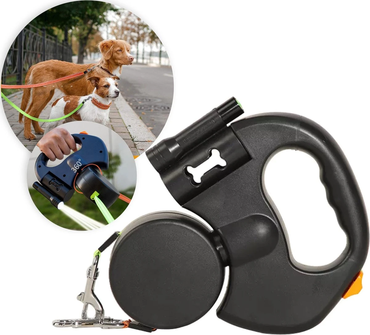 Dubbele Honden Riem – Leiband Hond – Hondenlijn – Looplijn Hond – 2 Honden – 3 Meter – Tot 12kg Per Hond – Reflecterende Lijnen – Met Zaklamp – 360° Draaien – Verstelbaar - Zwart