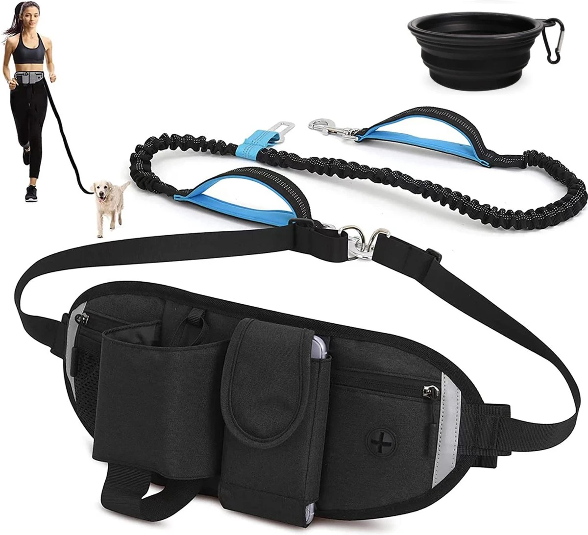 BOTC Looplijn Hond Met Heupriem Voor Hardlopen - Met Drinkbak Hond - Hondenriem - 1 Roll Poep Zakjes - Zwart