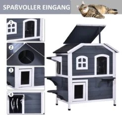 PawHut Kattenhuis Voor Buiten Kattenhut Met 2 Verdiepingen Kattenvilla, Asfaltdak, Massief Hout Grijs D30-236 -Huisdierenserie Winkel 1200x1130 1