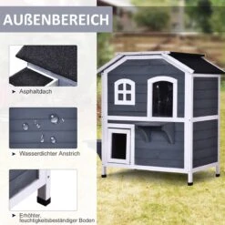 PawHut Kattenhuis Voor Buiten Kattenhut Met 2 Verdiepingen Kattenvilla, Asfaltdak, Massief Hout Grijs D30-236 -Huisdierenserie Winkel 1200x1200 422