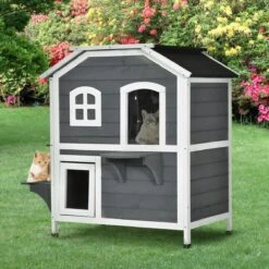 PawHut Kattenhuis Voor Buiten Kattenhut Met 2 Verdiepingen Kattenvilla, Asfaltdak, Massief Hout Grijs D30-236 -Huisdierenserie Winkel 1200x1200 423