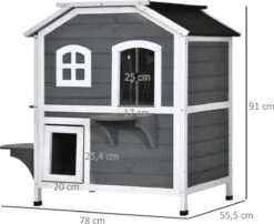 PawHut Kattenhuis Voor Buiten Kattenhut Met 2 Verdiepingen Kattenvilla, Asfaltdak, Massief Hout Grijs D30-236 -Huisdierenserie Winkel 1200x983 1