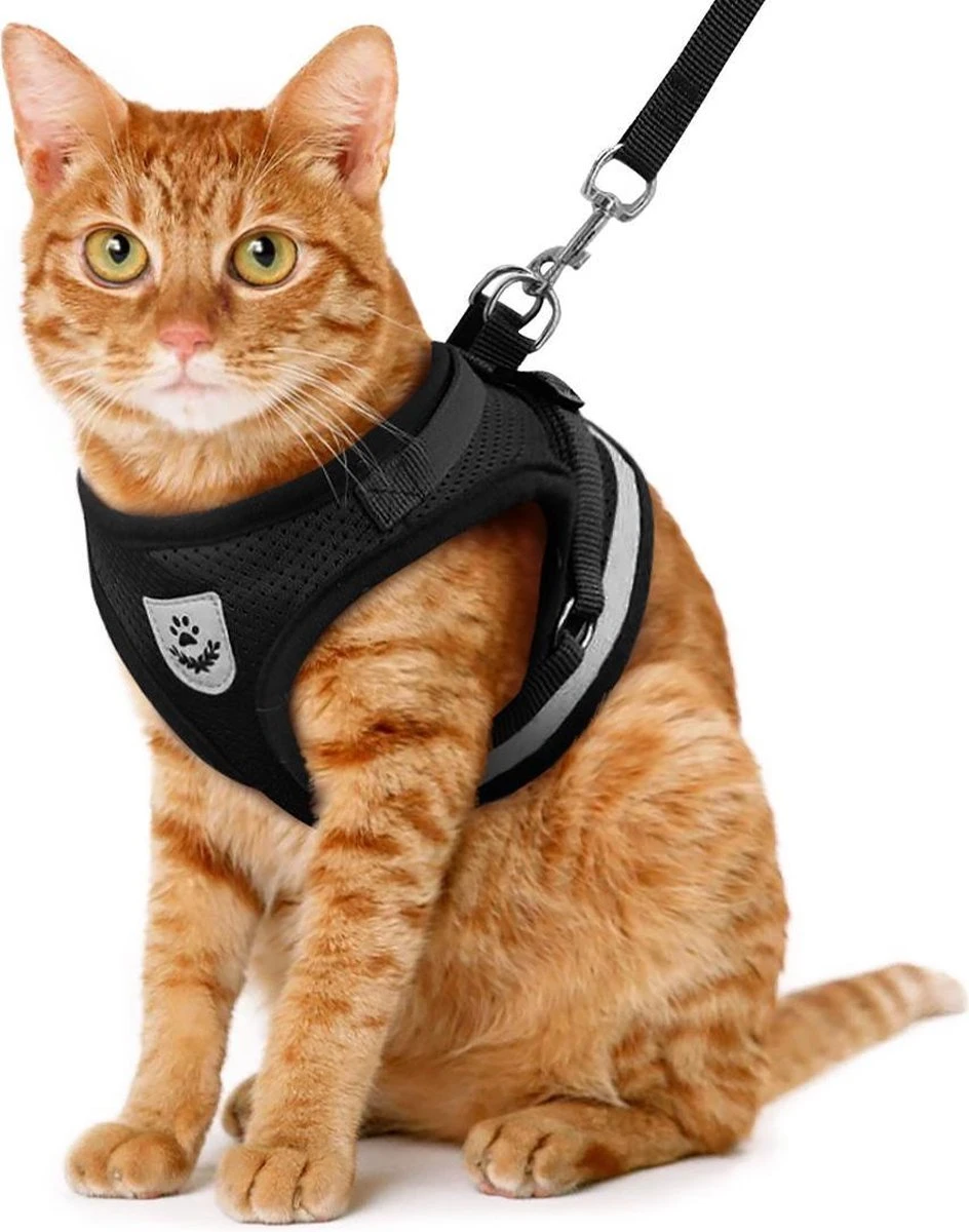 Merkloos Kattentuigje Met Looplijn | Zwart Kattenharnas | Easy Step In | Kattenriem | Kattenlijn | Kattentuig | Maat S